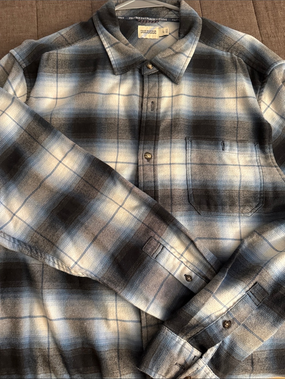 Fair Harbor Men’s Blue, Gray and White Plaid  Flannel Shirt